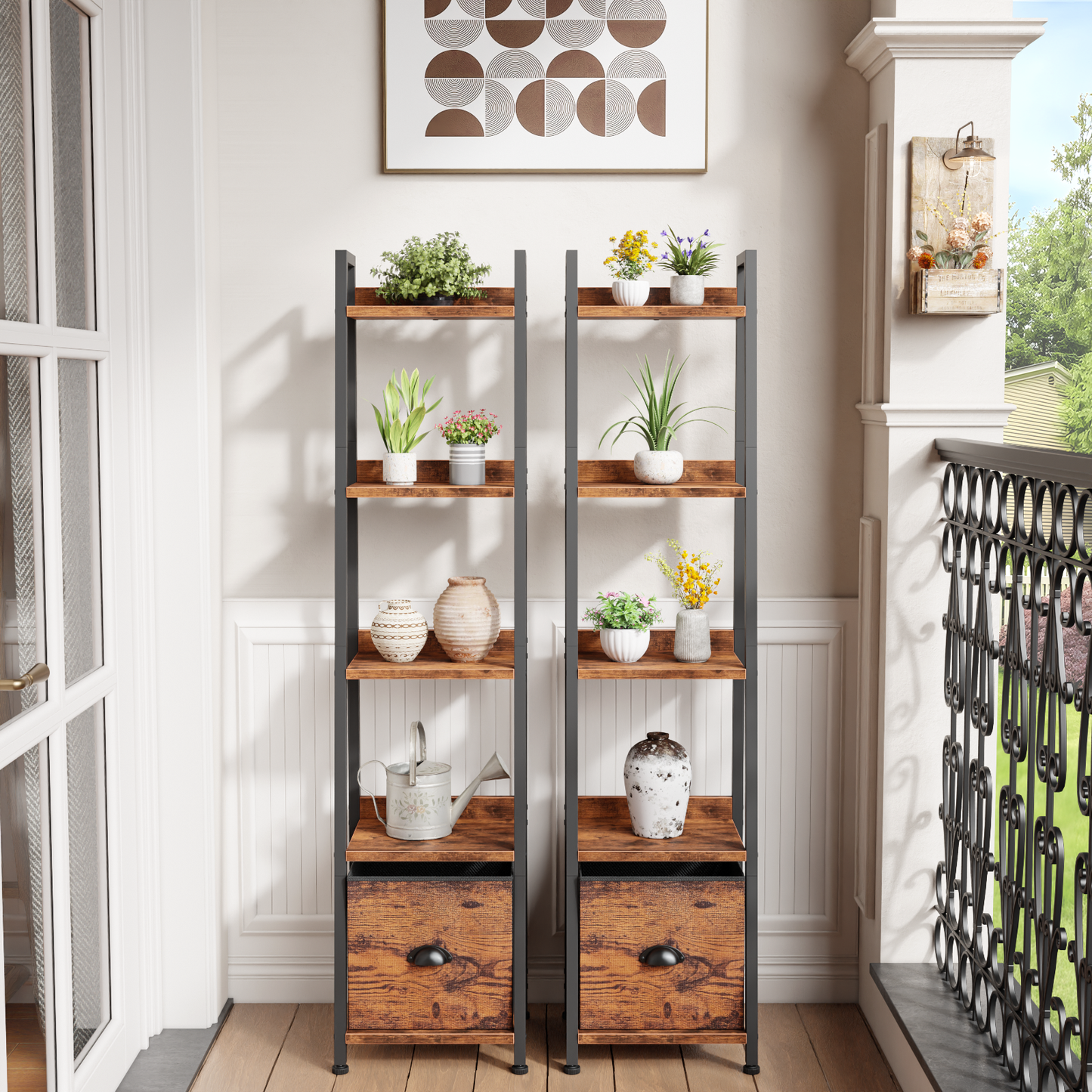 Furologee 5 Tier Narrow Ladder Shelf, Ladder Bookshelf with Drawer