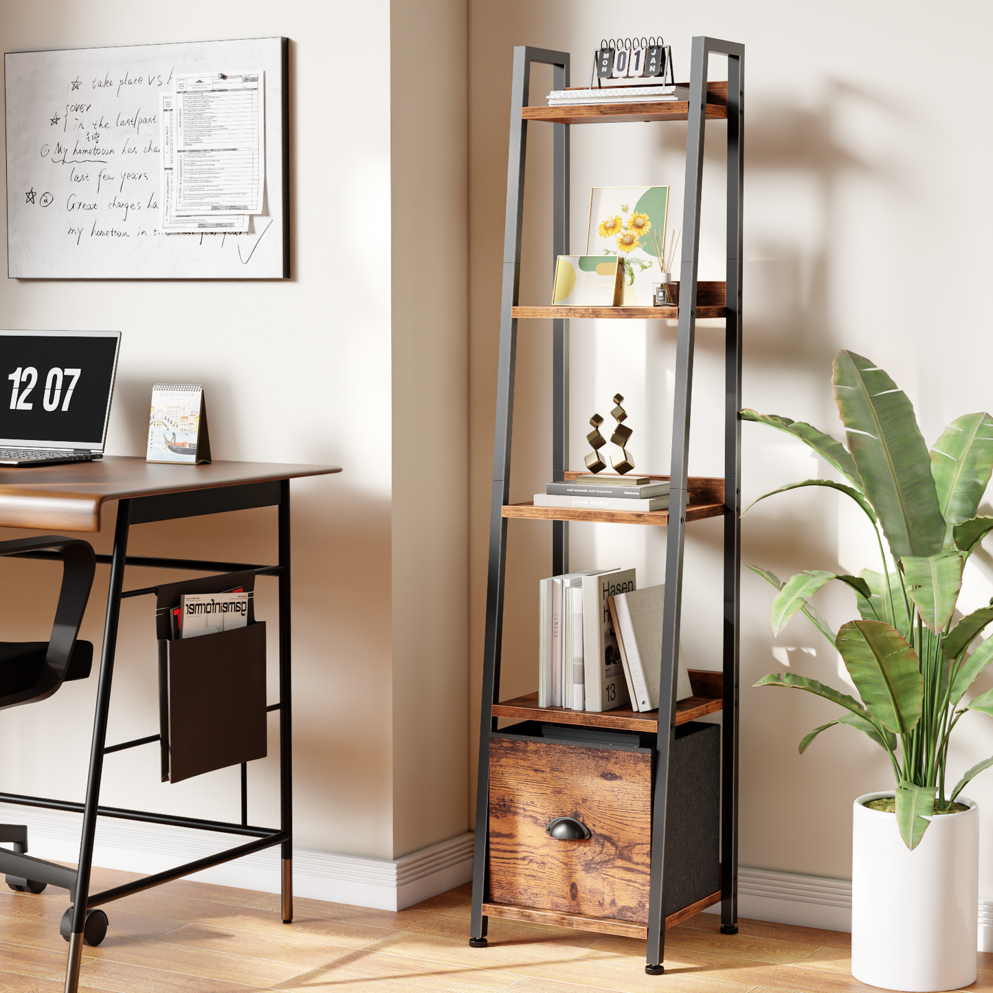 Furologee 5 Tier Narrow Ladder Shelf, Ladder Bookshelf with Drawer