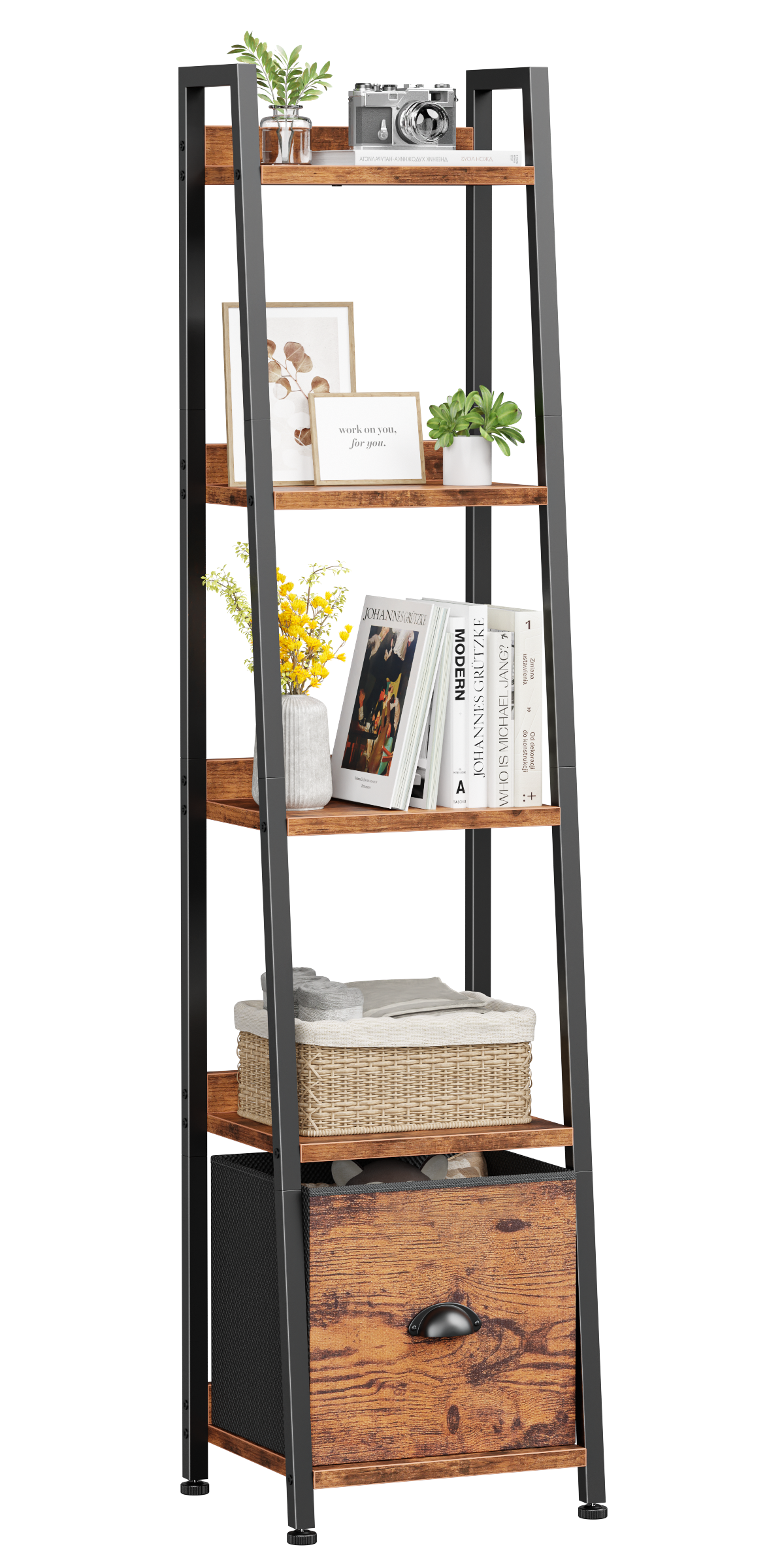 Furologee 5 Tier Narrow Ladder Shelf, Ladder Bookshelf with Drawer