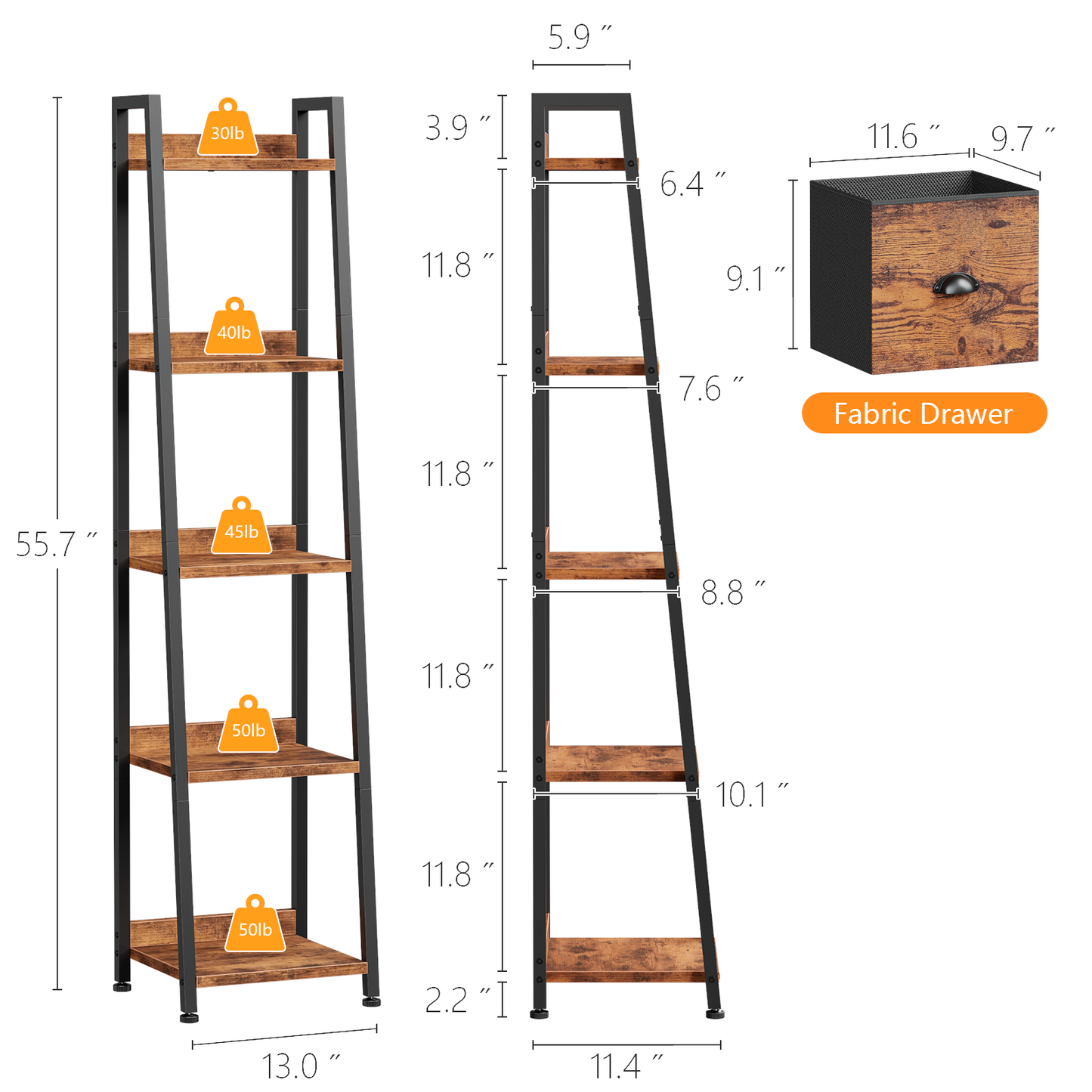 Furologee 5 Tier Narrow Ladder Shelf, Ladder Bookshelf with Drawer
