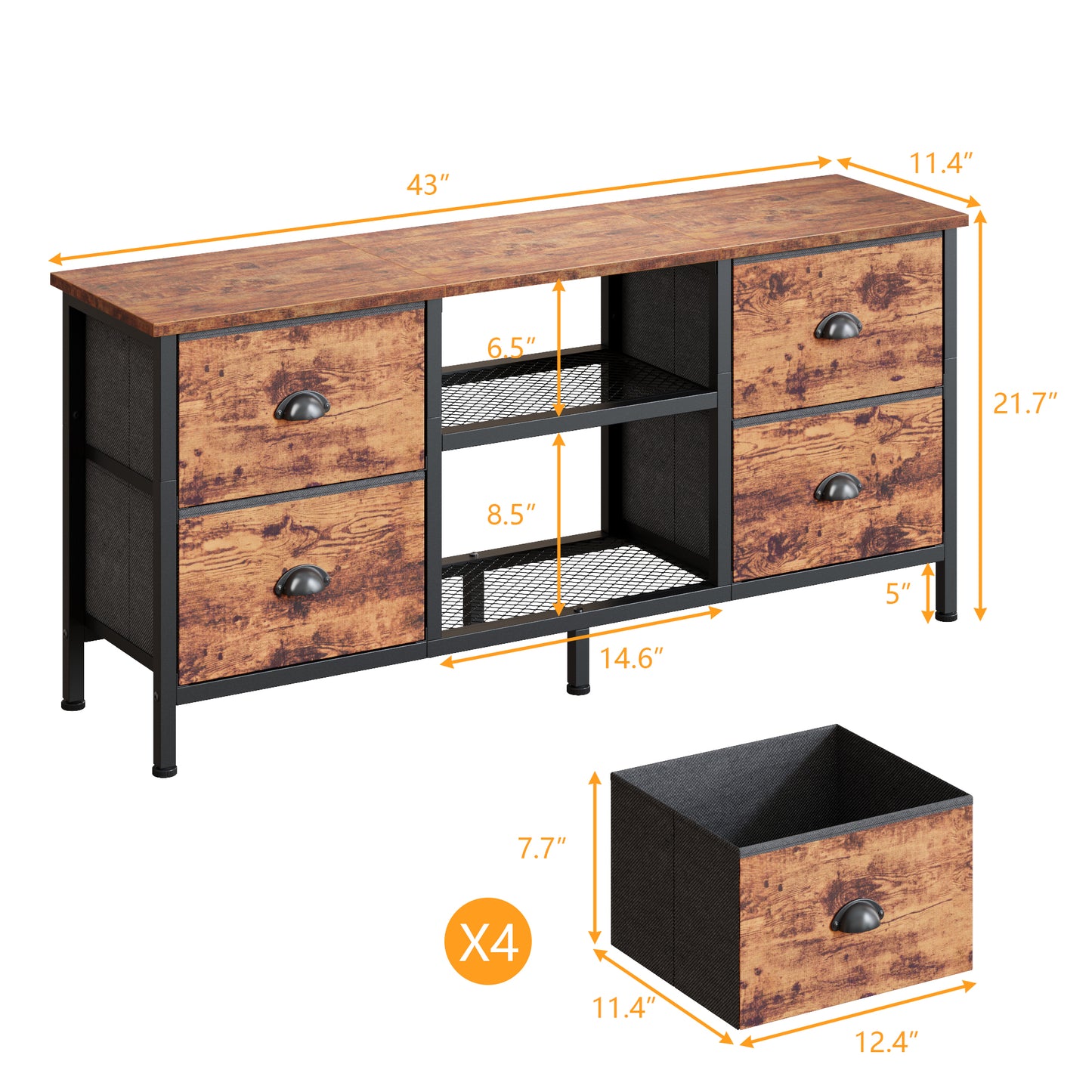Furologee TV Stand with 4 Drawers, 43 Inch Entertainment Center with Open Shelves