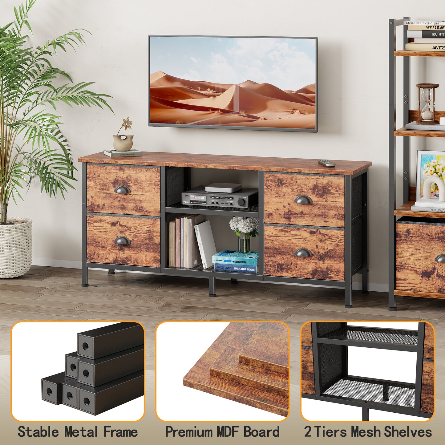 Furologee TV Stand with 4 Drawers, 43 Inch Entertainment Center with Open Shelves