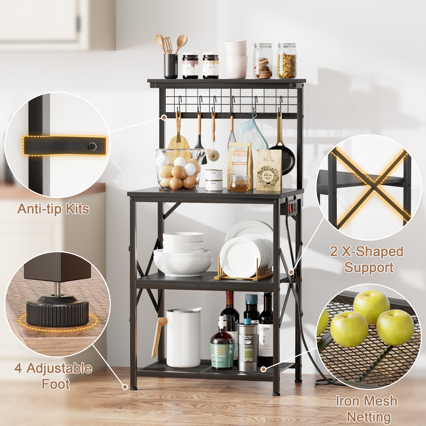 Furologee 4-Tier Kitchen Bakers Rack with Power Outlet, Microwave Stand & Coffee Bar with Hooks and Storage Shelves, Black