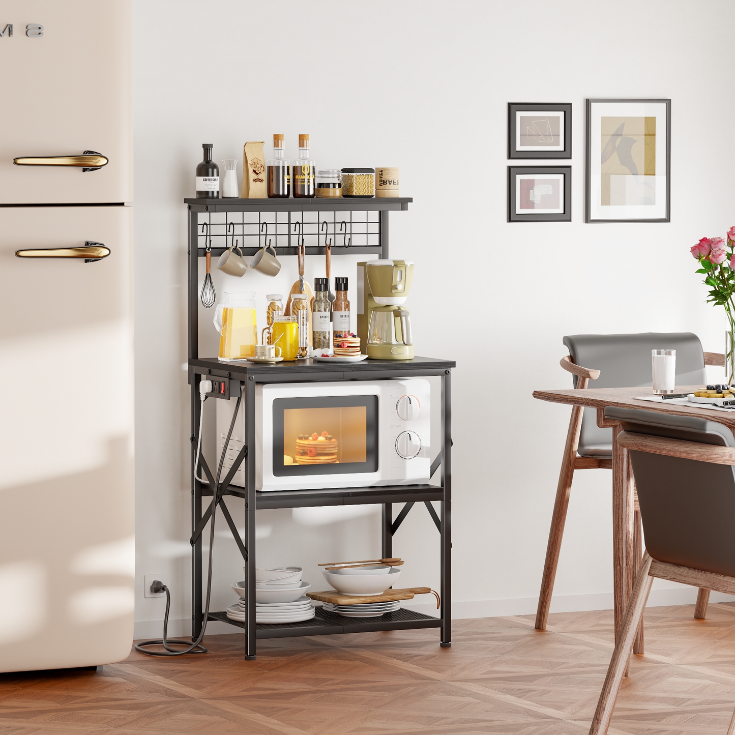 Furologee 4-Tier Kitchen Bakers Rack with Power Outlet, Microwave Stand & Coffee Bar with Hooks and Storage Shelves, Black