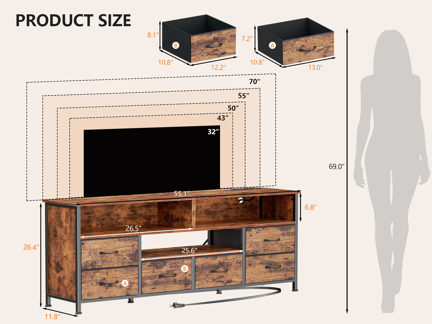 Furologee 55" LED TV Stand for Bedroom with Power Outlets, Entertainment Center with 6 Fabric Drawers for 50/55/60 inch TVs