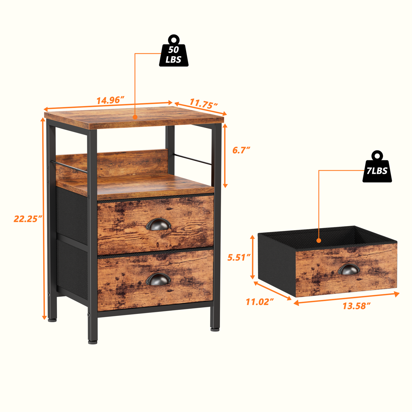 Furologee Nightstand with 2 Fabric Drawers