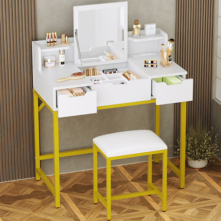Furologee Vanity Desk with Mirror and Drawers