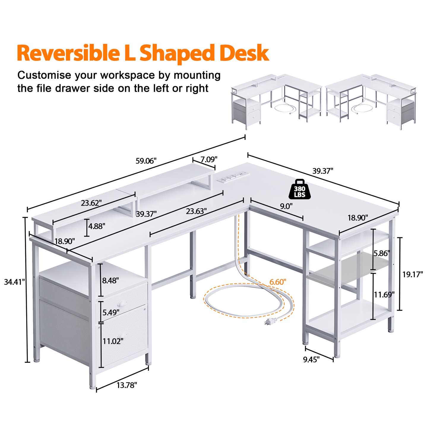 Furologee White 66” L Shaped Gaming Desk with Power Outlet