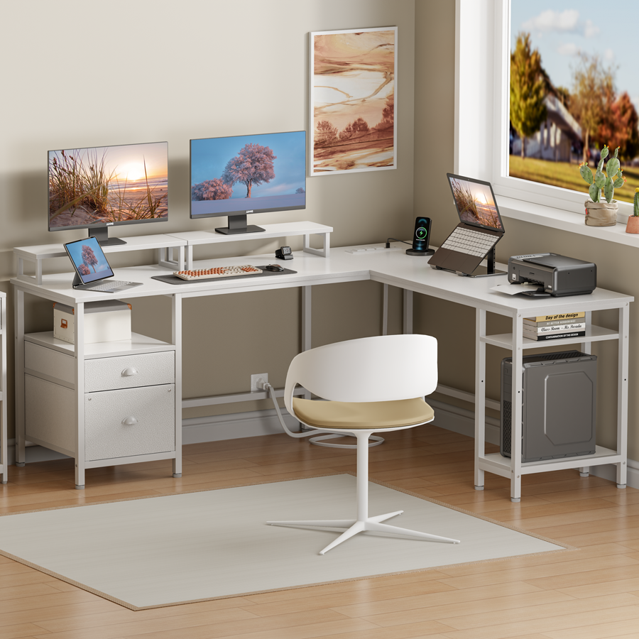 Furologee White 66” L Shaped Gaming Desk with Power Outlet