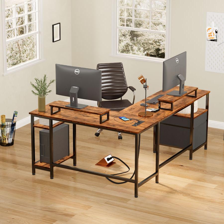 Furologee White 66” L Shaped Gaming Desk with Power Outlet