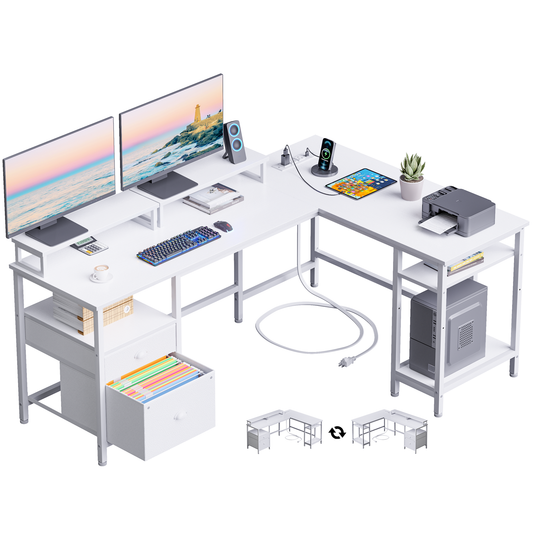 Furologee White 66” L Shaped Gaming Desk with Power Outlet