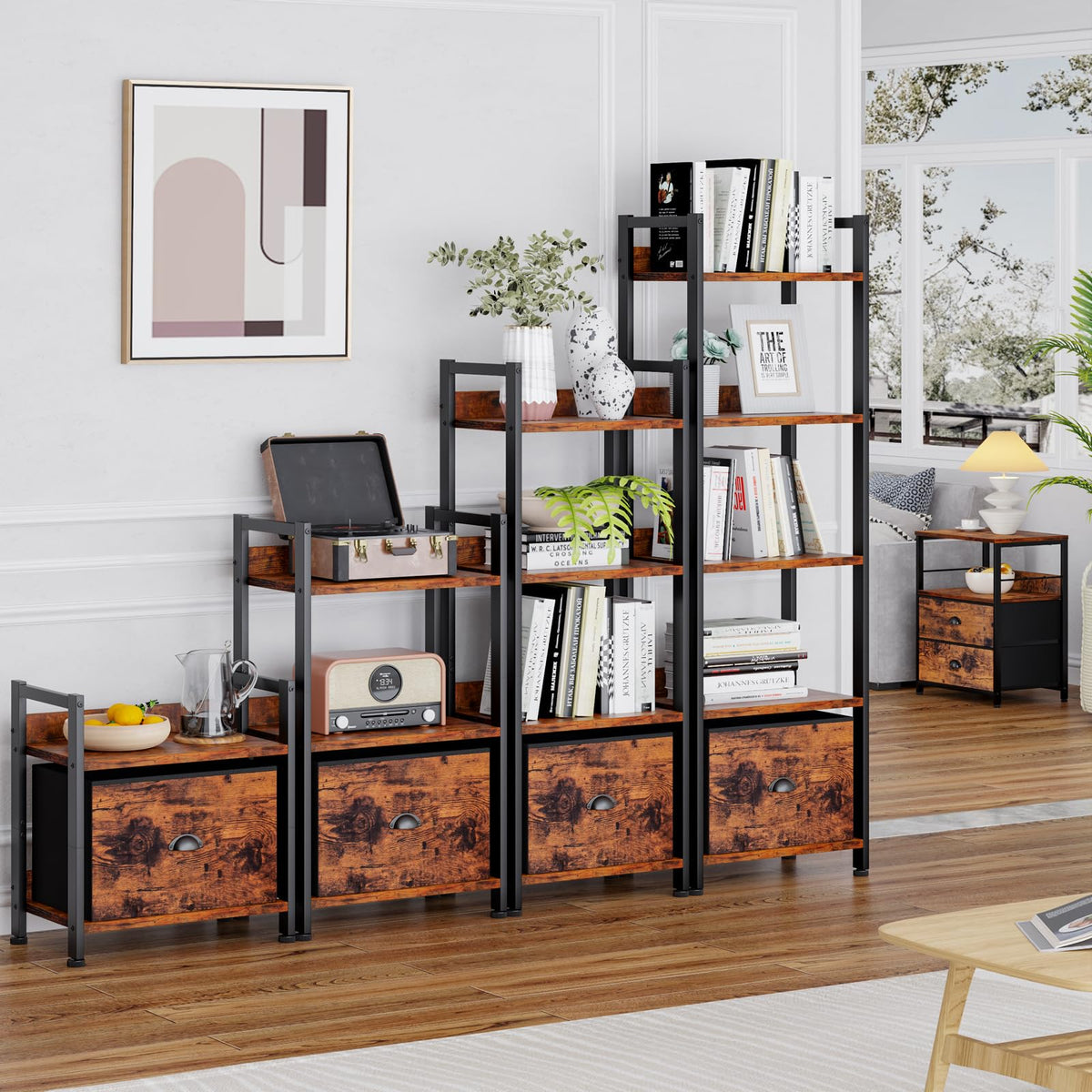 Furologee 5 Tier Bookshelf with Drawer, Tall Narrow Bookcase, Rustic Brown, 55.5'' Industrial Display Shelf, Space-Saving Storage Rack for Bedroom, Living Room, Office, Bathroom, Holds 30lbs per tier
