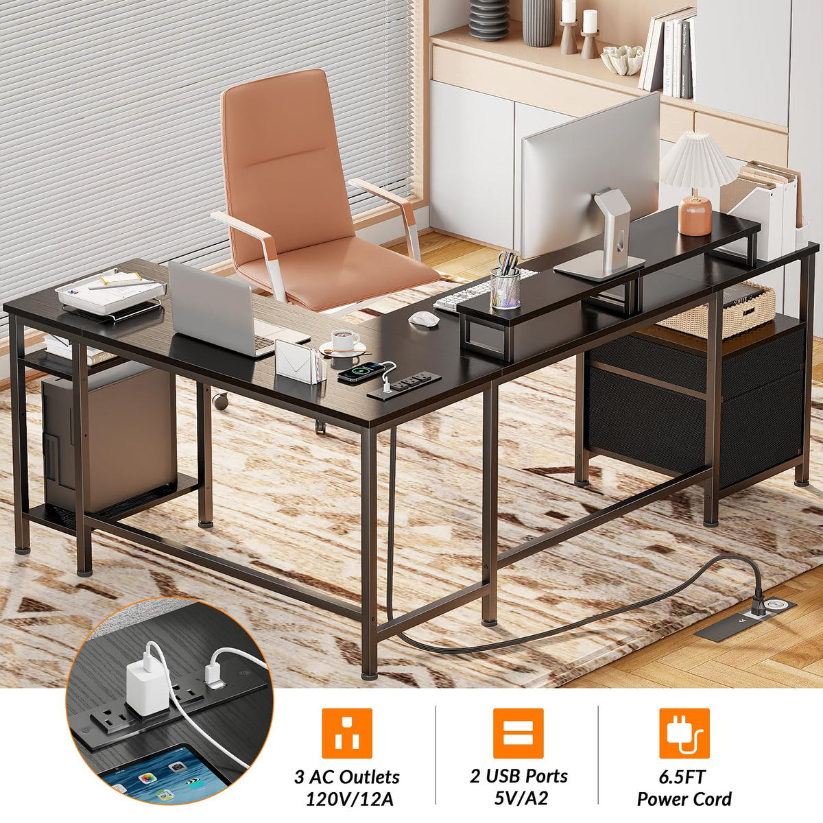 Furologee 66 Inch L Shaped Desk with 2 Drawers and Power Outlet, Black
Reversible Computer Home Office Desk, 2 Monitor Stands, Fabric File Cabinet, Storage Shelves for Corner Gaming Working Table
