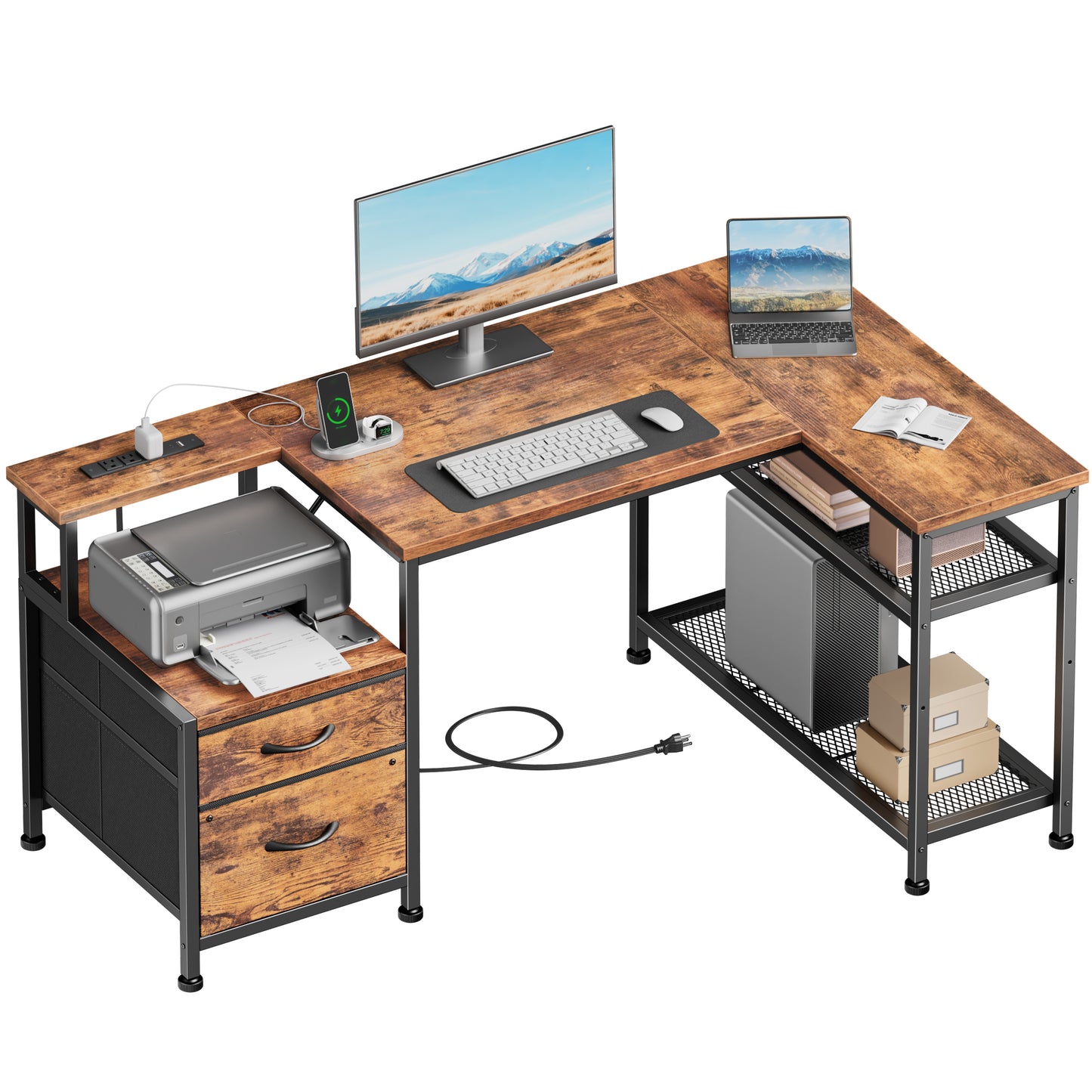 Furologee 49" L Shaped Computer Desk with Power Outlets, Reversible Home Office Desk with Fabric Drawers, File Cabinet, Printer Table, Metal Storage Shelves, Corner Desk for Small Space, Rusitc Brown