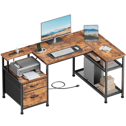 Furologee 49" L Shaped Computer Desk with Power Outlets, Reversible Home Office Desk with Fabric Drawers, File Cabinet, Printer Table, Metal Storage Shelves, Corner Desk for Small Space, Rusitc Brown
