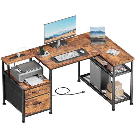 Furologee 49" L Shaped Computer Desk with Power Outlets, Reversible Home Office Desk with Fabric Drawers, File Cabinet, Printer Table, Metal Storage Shelves, Corner Desk for Small Space, Rusitc Brown