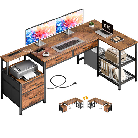 Furologee L Shaped Office Desk with Power Outlets, 65 Inch Home Office Desk with 3 Fabric Drawers & File Cabinet, Reversible Corner Computer Desk with Printer Stand, for Work, Study, Rustic Brown