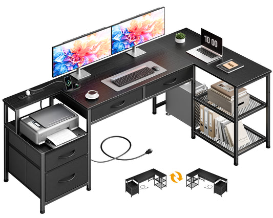 Furologee L Shaped Office Desk with Power Outlets, 65 Inch Home Office Desk with 3 Fabric Drawers & File Cabinet, Reversible Corner Computer Desk with Printer Stand, for Work, Study, Black