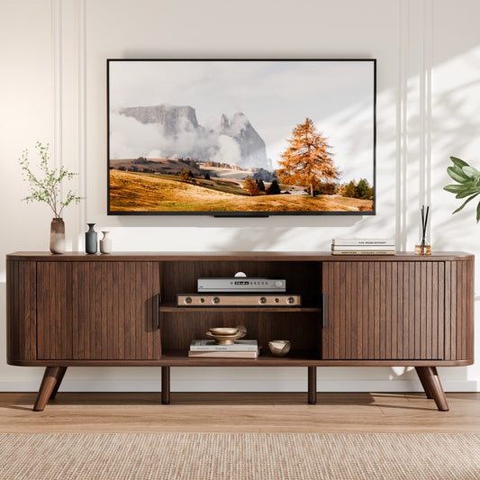 Furologee 63'' TV Stand for 65 Inch TV, Fluted Entertainment Center, Walnut