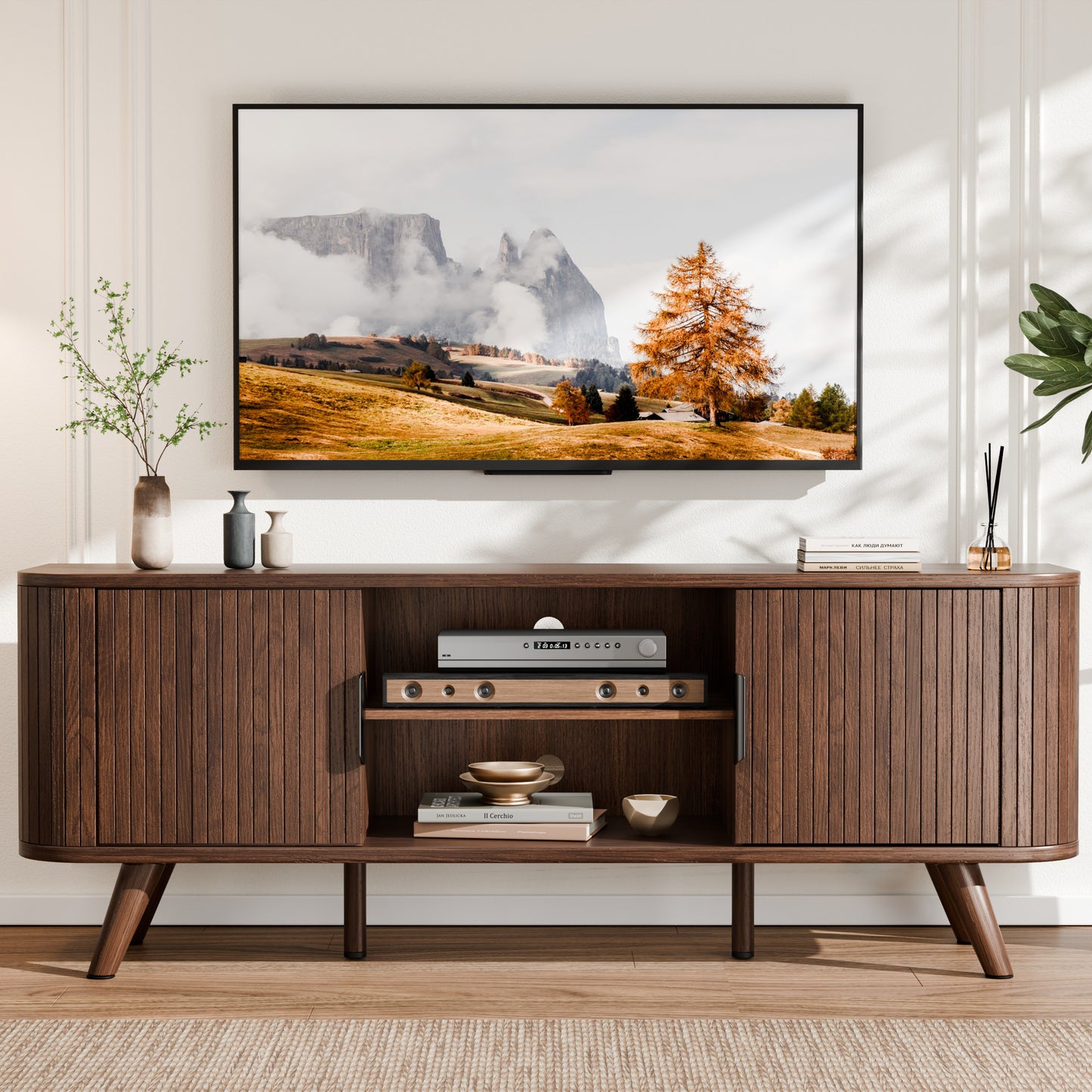 Furologee 55'' TV Stand for 60 Inch TV, Fluted Entertainment Center, Walnut
