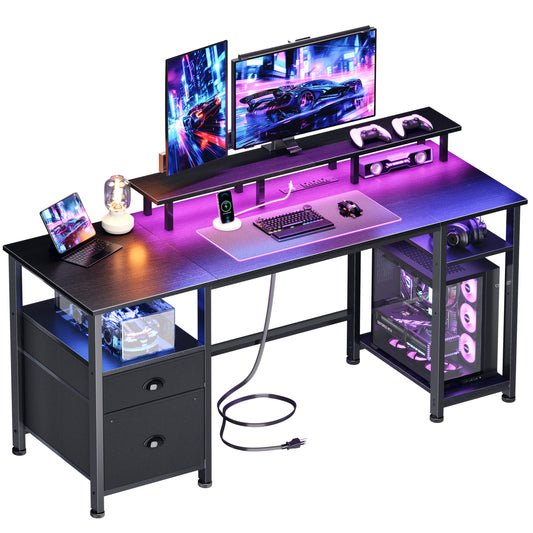 Furologee 61 Inch Gaming Desk with Power Outlets and LED Lights, Computer Desk with Storage Shelves & Drawers & Monitor Stand, Reversible Gaming Table for Bedroom, Home Office, Black