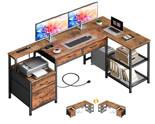 Furologee 57'' L Shaped Office Desk with Power Outlets, Home Office Desk with 3 Fabric Drawers & File Cabinet, Reversible Corner Computer Desk with Printer Stand, for Work, Study, Rustic Brown