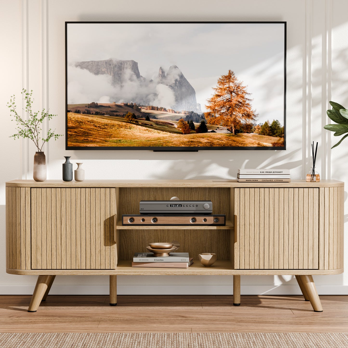 Furologee 55'' TV Stand for 60 Inch TV, Fluted Entertainment Center, Oak
