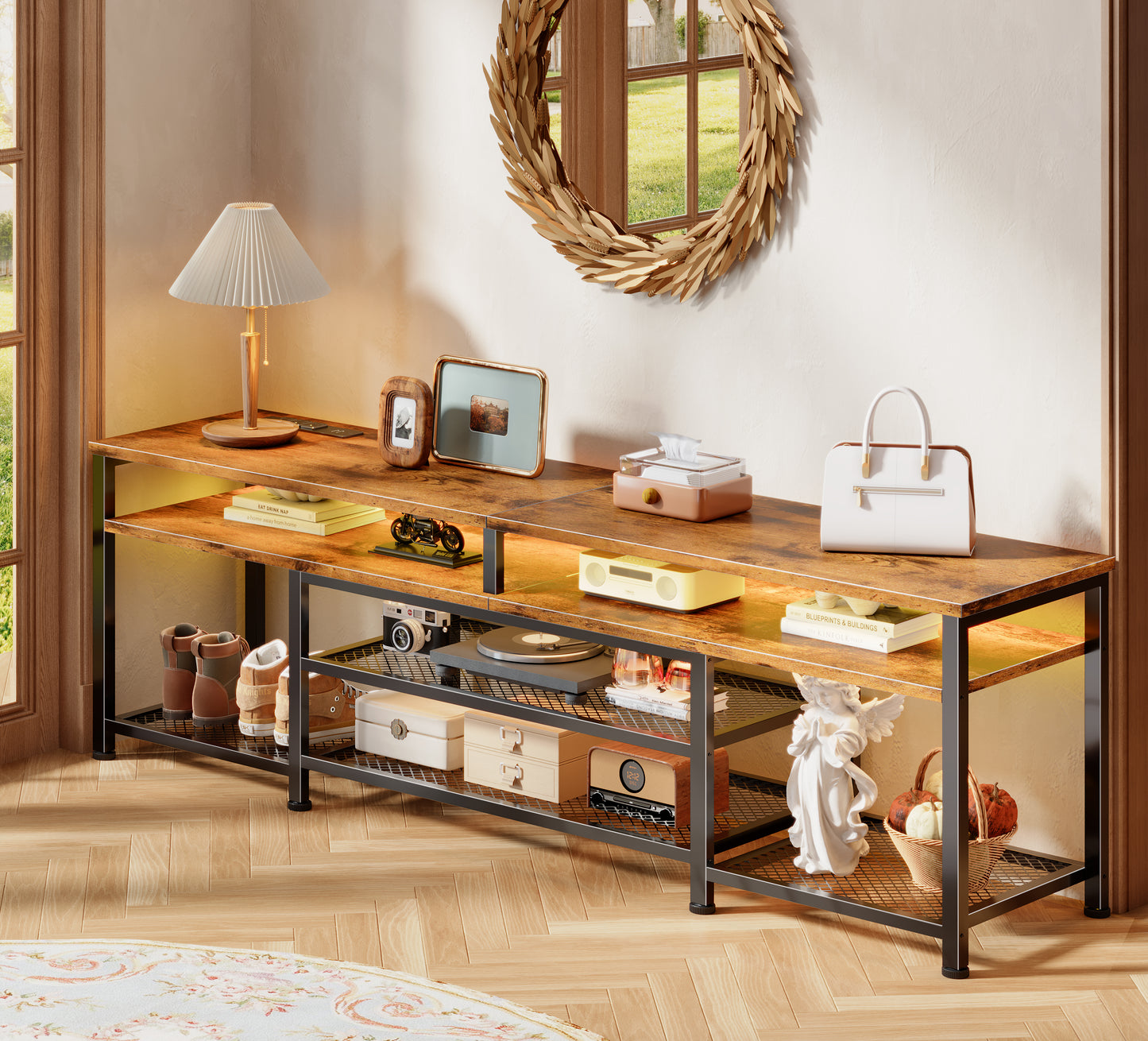 Furologee 71" Long Entryway Console Table with Power Outlets and LED Lights, Sofa Table with Open Shelves, for 65 75 80 Inch TVs, for Hallway, Entrance, Living Room, Rustic Brown