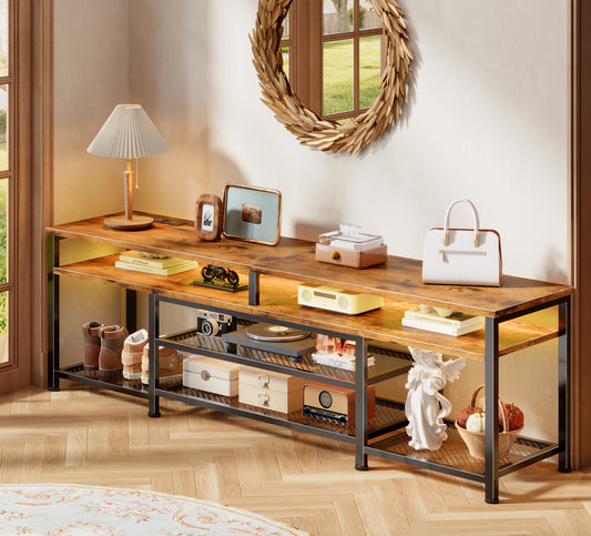 Furologee 71" Long Entryway Console Table with Power Outlets and LED Lights, Sofa Table with Open Shelves, for 65 75 80 Inch TVs, for Hallway, Entrance, Living Room, Rustic Brown
