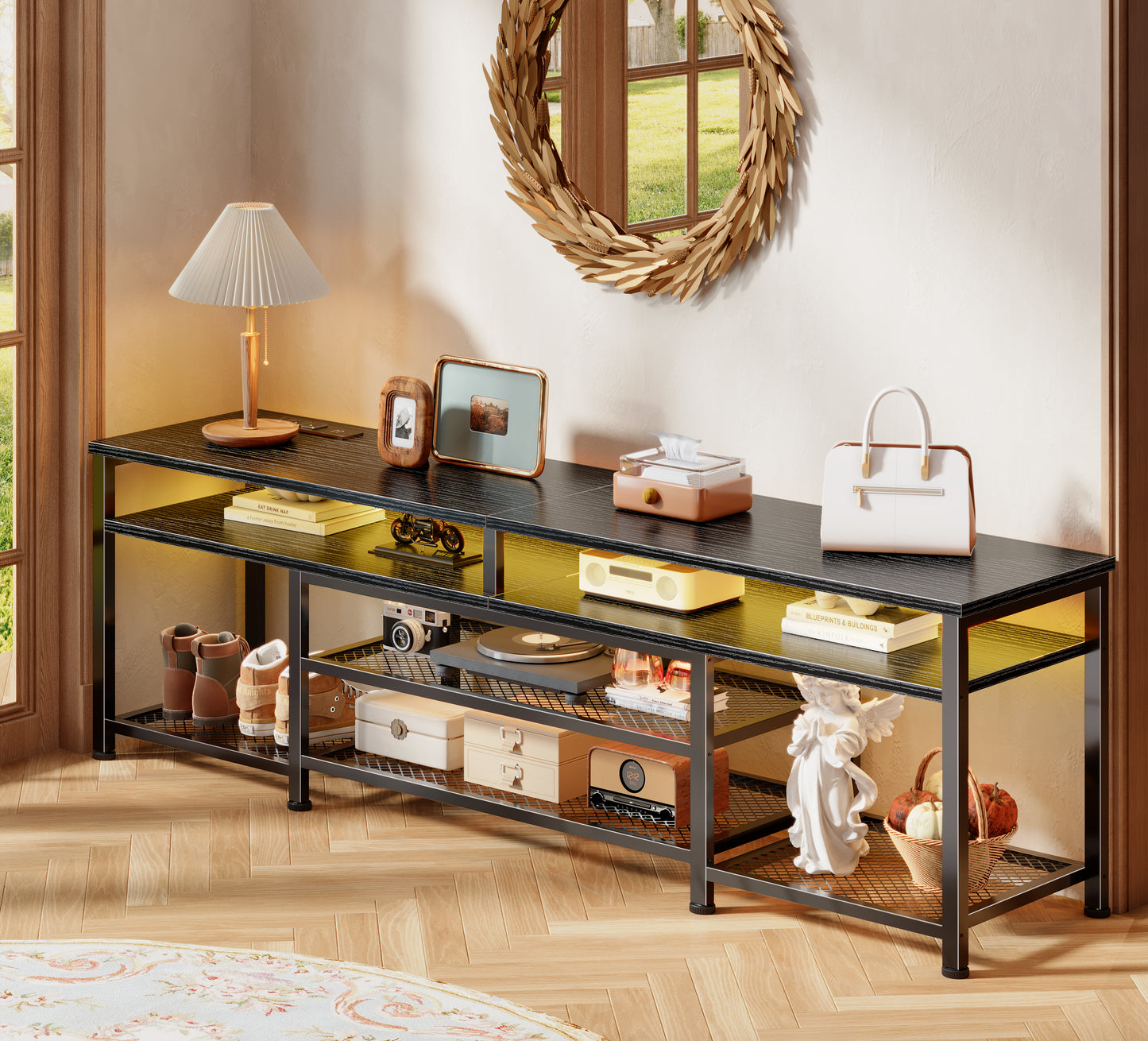 Furologee 71" Long Entryway Console Table with Power Outlets and LED Lights, Sofa Table with Open Shelves, for 65 75 80 Inch TVs, for Hallway, Entrance, Living Room, Black
