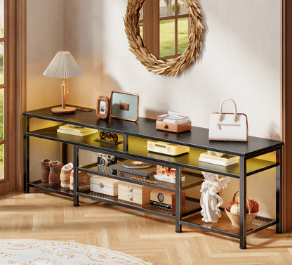 Furologee 71" Long Entryway Console Table with Power Outlets and LED Lights, Sofa Table with Open Shelves, for 65 75 80 Inch TVs, for Hallway, Entrance, Living Room, Black