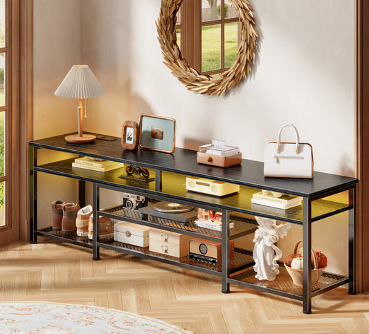 Furologee 71" Long Entryway Console Table with Power Outlets and LED Lights, Sofa Table with Open Shelves, for 65 75 80 Inch TVs, for Hallway, Entrance, Living Room, Black