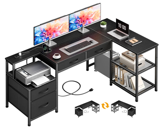Furologee L Shaped Office Desk with Power Outlets, 57 Inch Home Office Desk with 3 Fabric Drawers & File Cabinet, Reversible Corner Computer Desk with Printer Stand, for Work, Study, Black