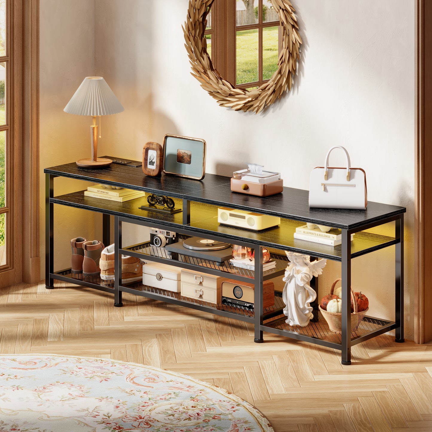Furologee 63" Long Entryway Console Table with Power Outlets and LED Lights, Sofa Table with Open Shelves, for 60 65 70 Inch TVs, for Hallway, Entrance, Living Room, Black