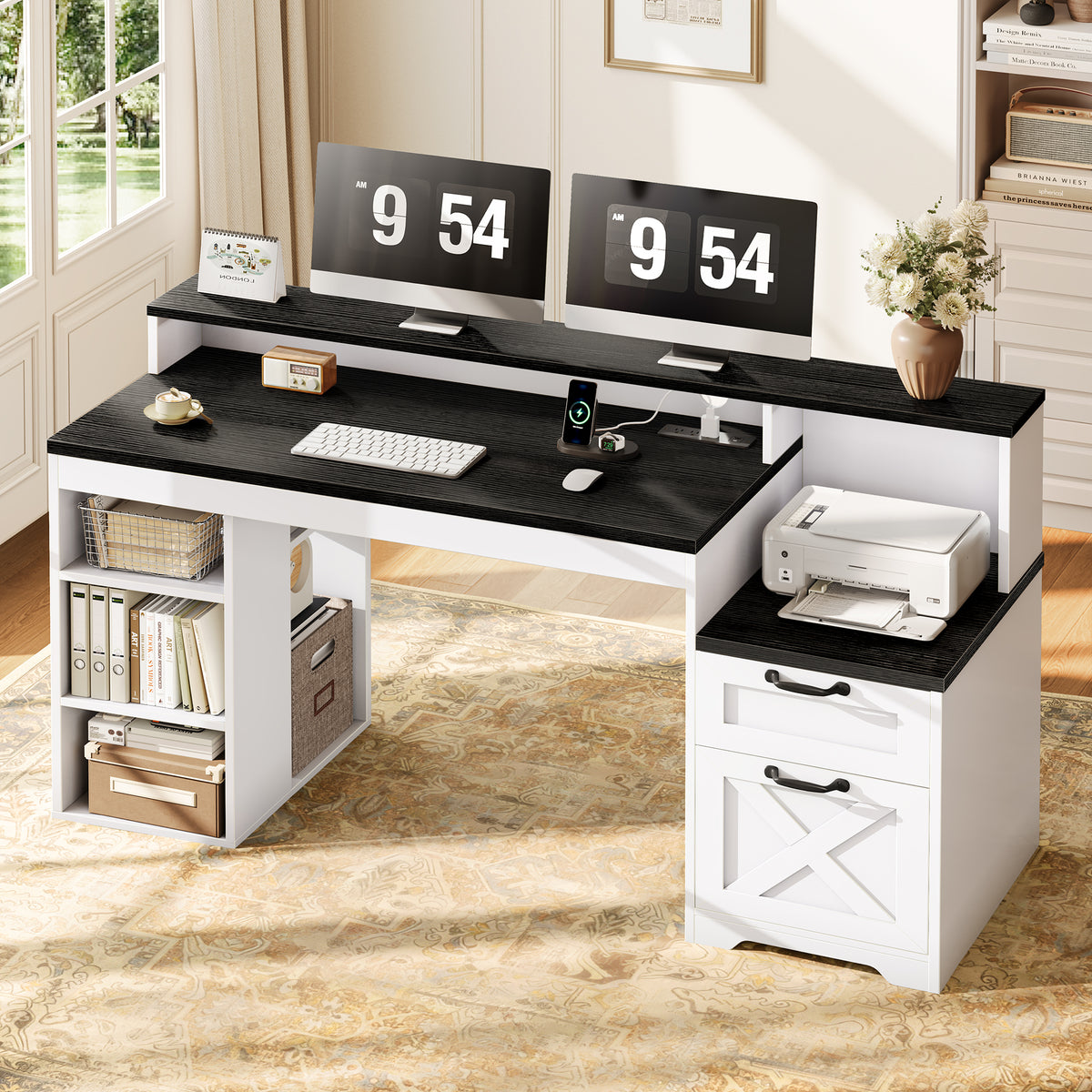 Furologee 63" Farmhouse Computer Desk with Drawers for Home Office Desk with Storage, Executive Desk with Power Outlets, Printer Shelf, Monitor Stand,Black and White