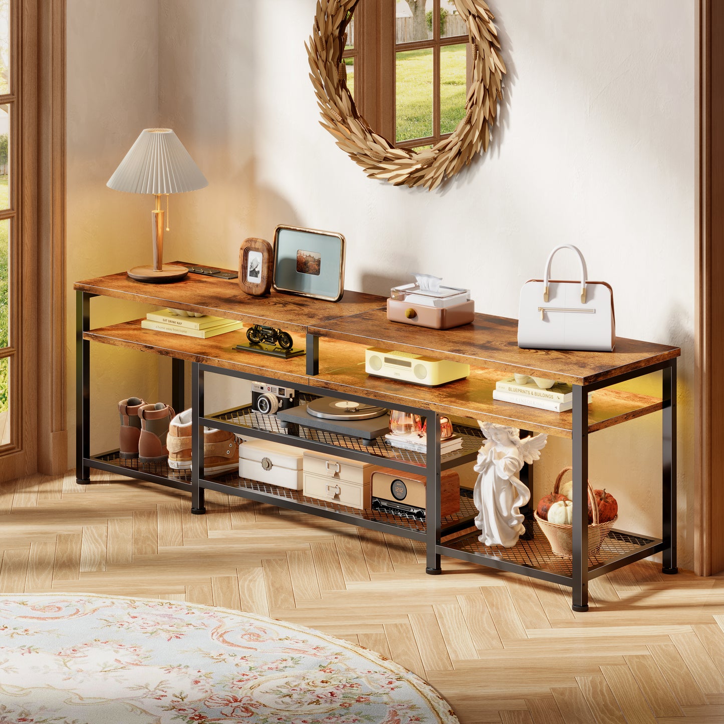 Furologee 63" Long Entryway Console Table with Power Outlets and LED Lights, Sofa Table with Open Shelves, for 60 65 70 Inch TVs, for Hallway, Entrance, Living Room, Rustic Brown