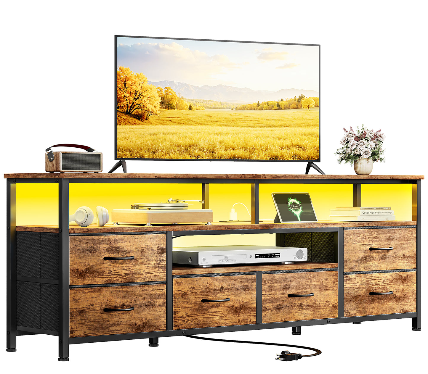 Furologee 55 Inch Dresser TV Stand with Power Outlets & LED Lights, Rustic Brown
Entertainment Center, 6 Fabric Drawers, Open Storage Shelves, for 55/60 inch TVs, TV Stands for Living Room, Bedroom