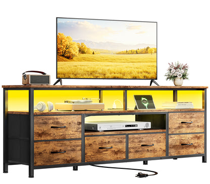 Furologee 55 Inch Dresser TV Stand with Power Outlets & LED Lights, Rustic Brown
Entertainment Center, 6 Fabric Drawers, Open Storage Shelves, for 55/60 inch TVs, TV Stands for Living Room, Bedroom
