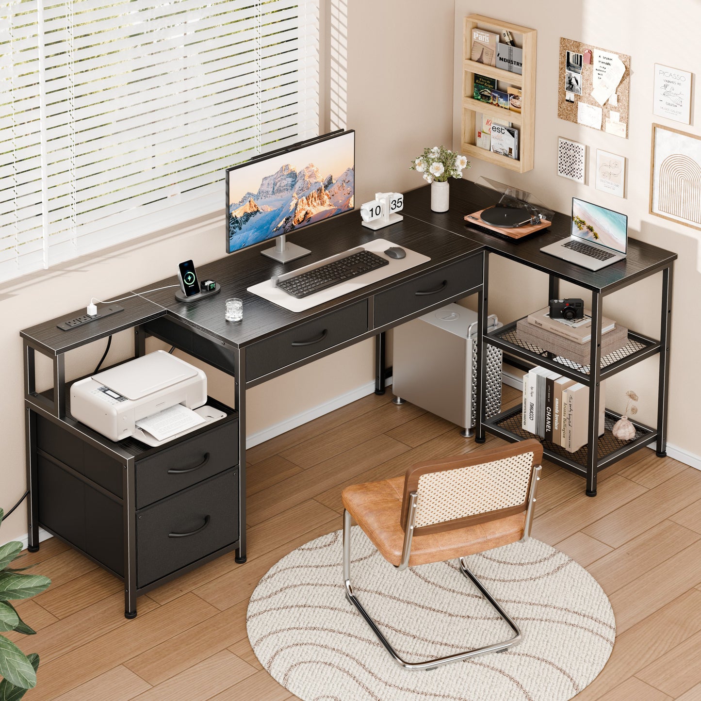 Furologee L Shaped Office Desk with Power Outlets, 65 Inch Home Office Desk with 3 Fabric Drawers & File Cabinet, Reversible Corner Computer Desk with Printer Stand, for Work, Study, Black