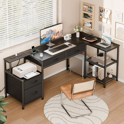 Furologee L Shaped Office Desk with Power Outlets, 65 Inch Home Office Desk with 3 Fabric Drawers & File Cabinet, Reversible Corner Computer Desk with Printer Stand, for Work, Study, Black