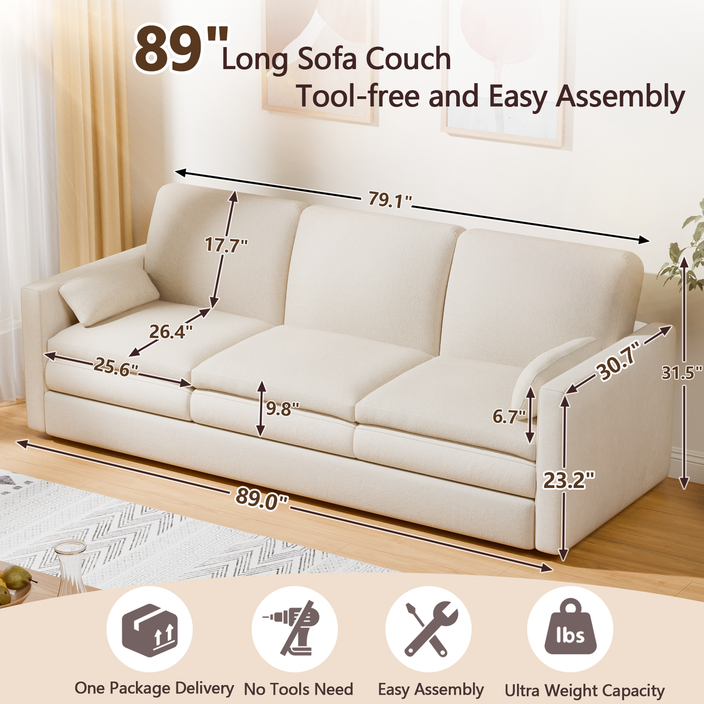 Furologee 89" Sofa Couch with 3 Seater