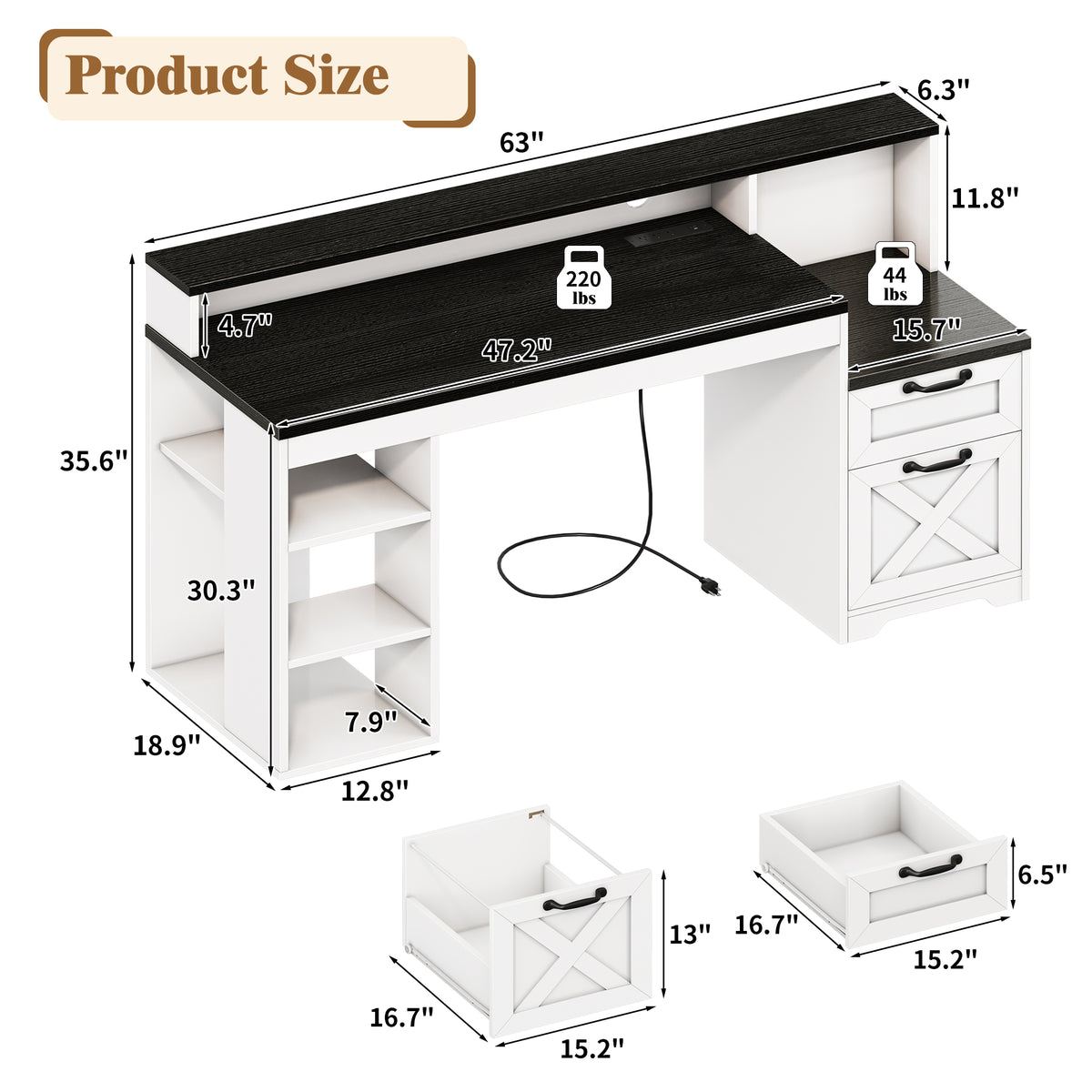 Furologee 63" Farmhouse Computer Desk with Drawers for Home Office Desk with Storage, Executive Desk with Power Outlets, Printer Shelf, Monitor Stand,Black and White