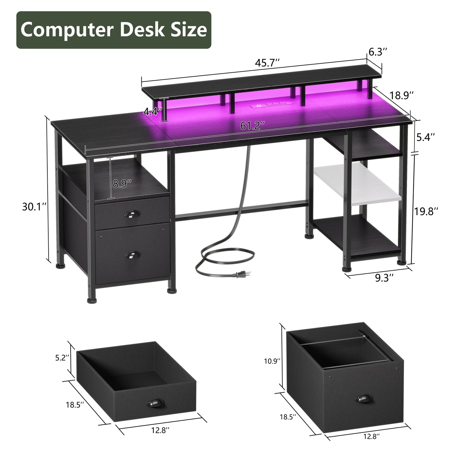 Furologee 61 Inch Gaming Desk with Power Outlets and LED Lights, Computer Desk with Storage Shelves & Drawers & Monitor Stand, Reversible Gaming Table for Bedroom, Home Office, Black