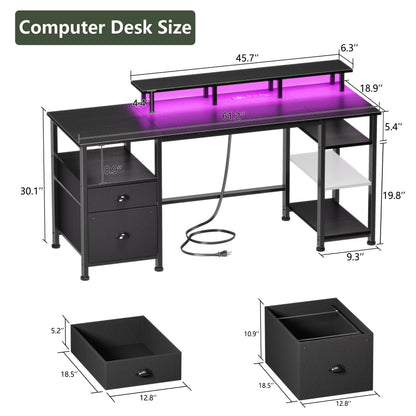 Furologee 61 Inch Gaming Desk with Power Outlets and LED Lights, Computer Desk with Storage Shelves & Drawers & Monitor Stand, Reversible Gaming Table for Bedroom, Home Office, Black