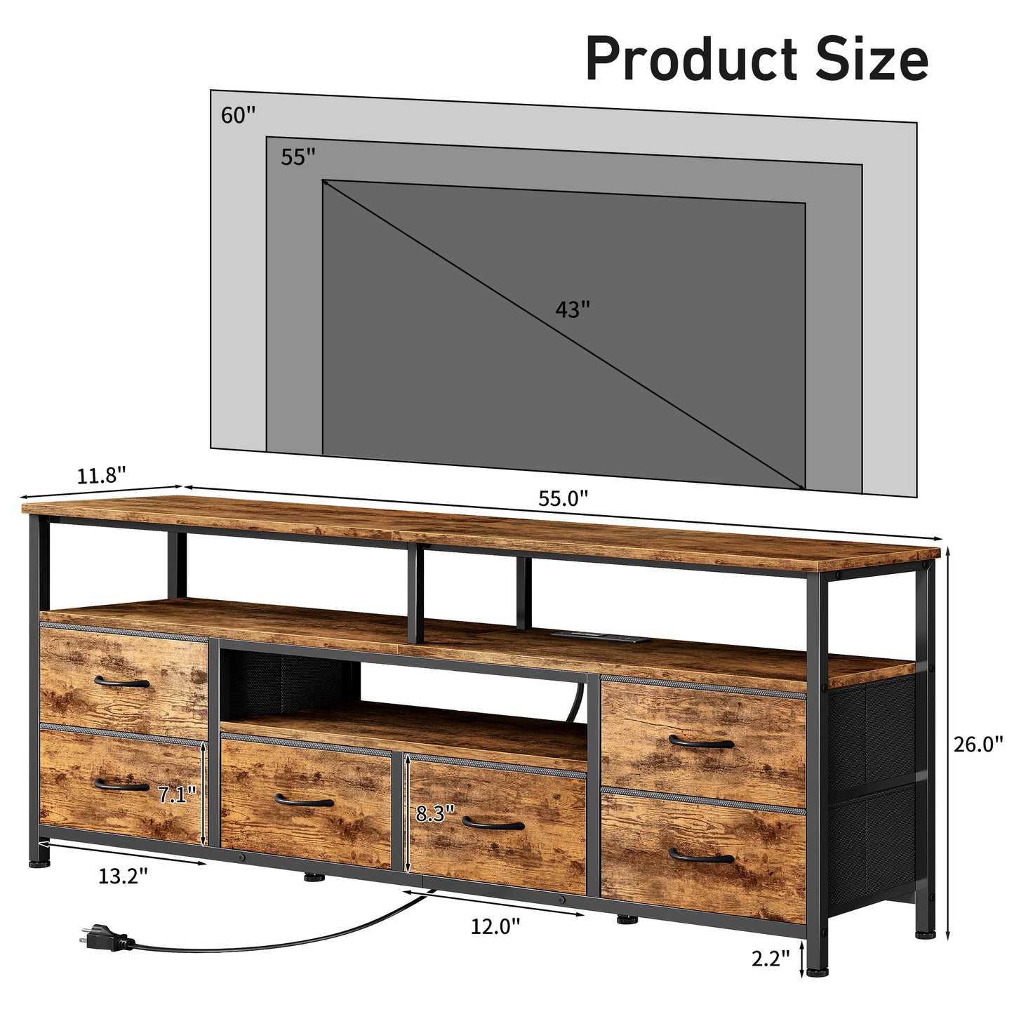 Furologee 55 Inch Dresser TV Stand with Power Outlets & LED Lights, Rustic Brown
Entertainment Center, 6 Fabric Drawers, Open Storage Shelves, for 55/60 inch TVs, TV Stands for Living Room, Bedroom