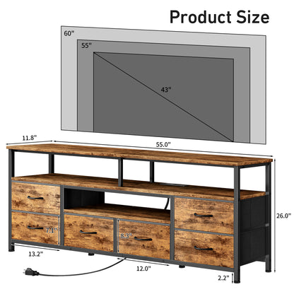 Furologee 55 Inch Dresser TV Stand with Power Outlets & LED Lights, Rustic Brown
Entertainment Center, 6 Fabric Drawers, Open Storage Shelves, for 55/60 inch TVs, TV Stands for Living Room, Bedroom
