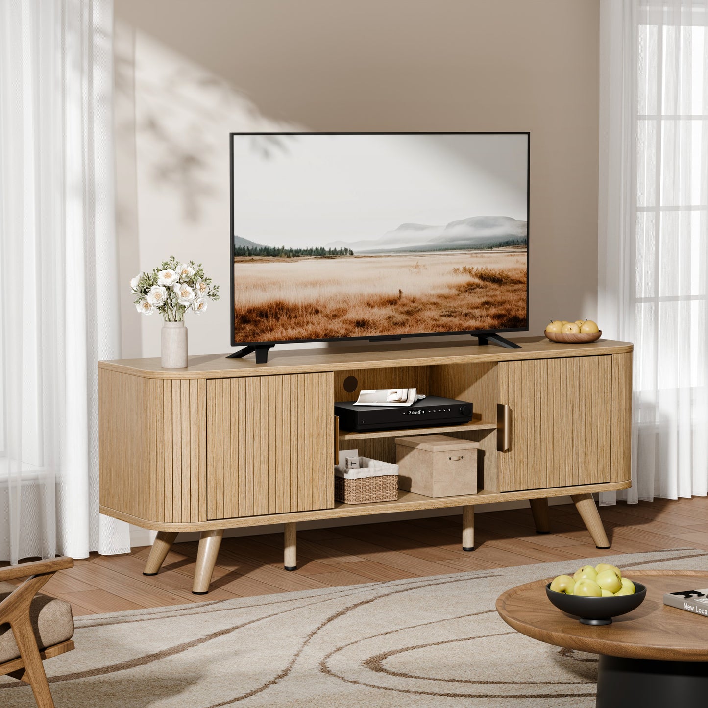 Furologee 55'' TV Stand for 60 Inch TV, Fluted Entertainment Center, Oak