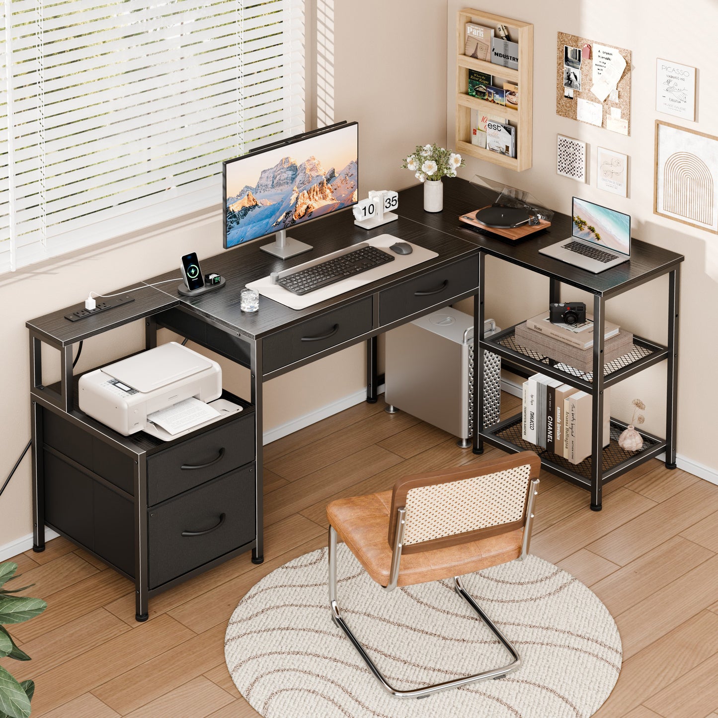 Furologee L Shaped Office Desk with Power Outlets, 57 Inch Home Office Desk with 3 Fabric Drawers & File Cabinet, Reversible Corner Computer Desk with Printer Stand, for Work, Study, Black