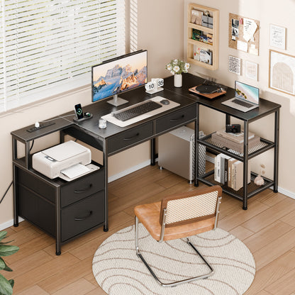 Furologee L Shaped Office Desk with Power Outlets, 57 Inch Home Office Desk with 3 Fabric Drawers & File Cabinet, Reversible Corner Computer Desk with Printer Stand, for Work, Study, Black