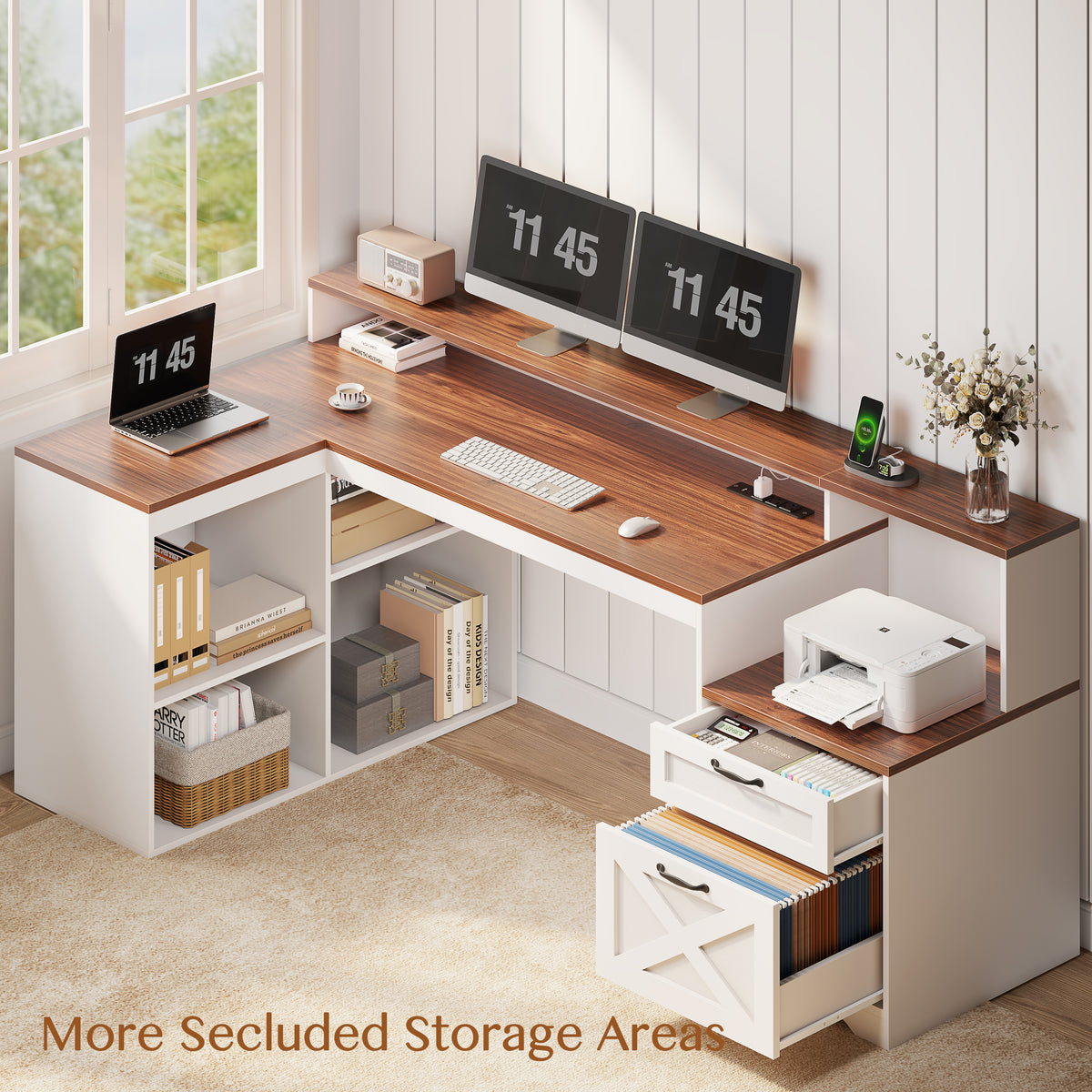 Furologee 59" Farmhouse L Shaped Desk with Printer Shelf, Storage Cabinet, Computer Desk with Power Outlets, Home Office Workstation with Wooden Drawers and Monitor Stand, Brown and White